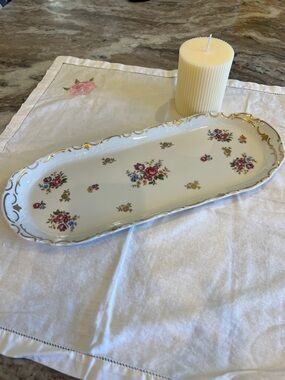 Porcelain Floral Serving Tray with Gold Trim - Cream